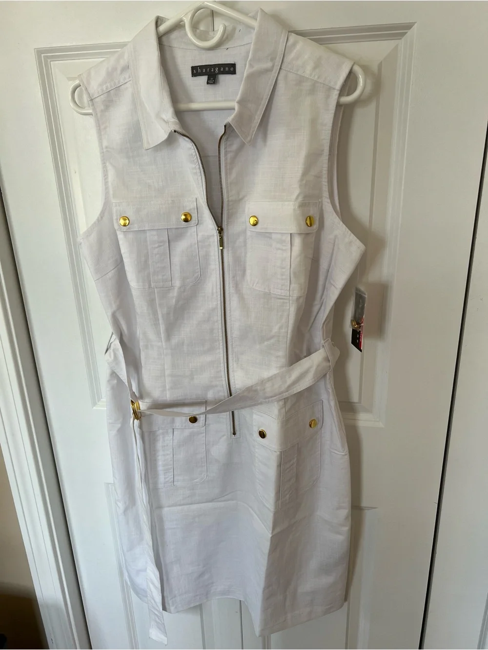 Sharagano White Sleeveless Zip-Front Midi Dress with Gold Hardware Size 14 - Picture 1 of 5
